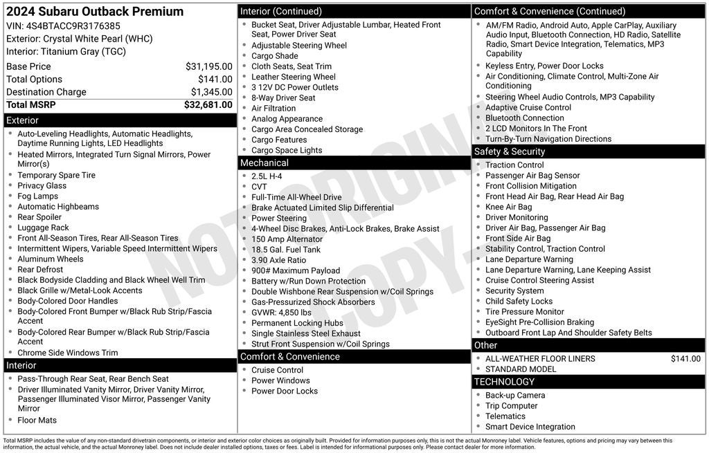 2024 Subaru Outback Premium Hands Free Blue Tooth & Exterior Parking Camera Re