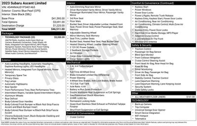 2023 Subaru Ascent Limited Panoramic Power Moonroof w/UV/Drk Tint Dual Glass