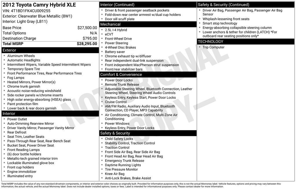2012 Toyota Camry Hybrid XLE Moonroof