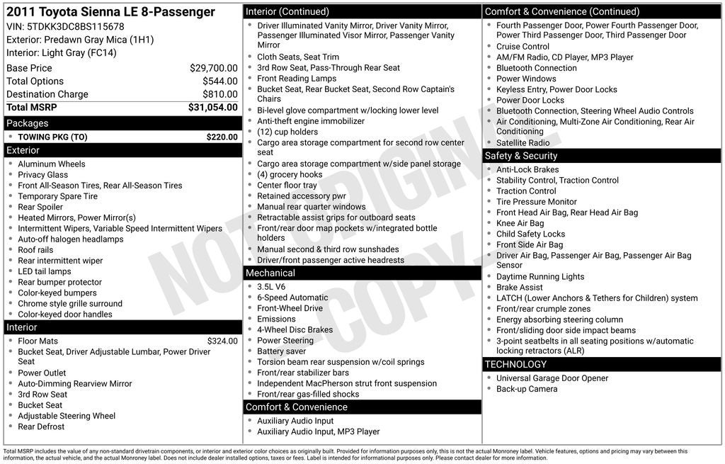 2011 Toyota Sienna LE 8 Passenger