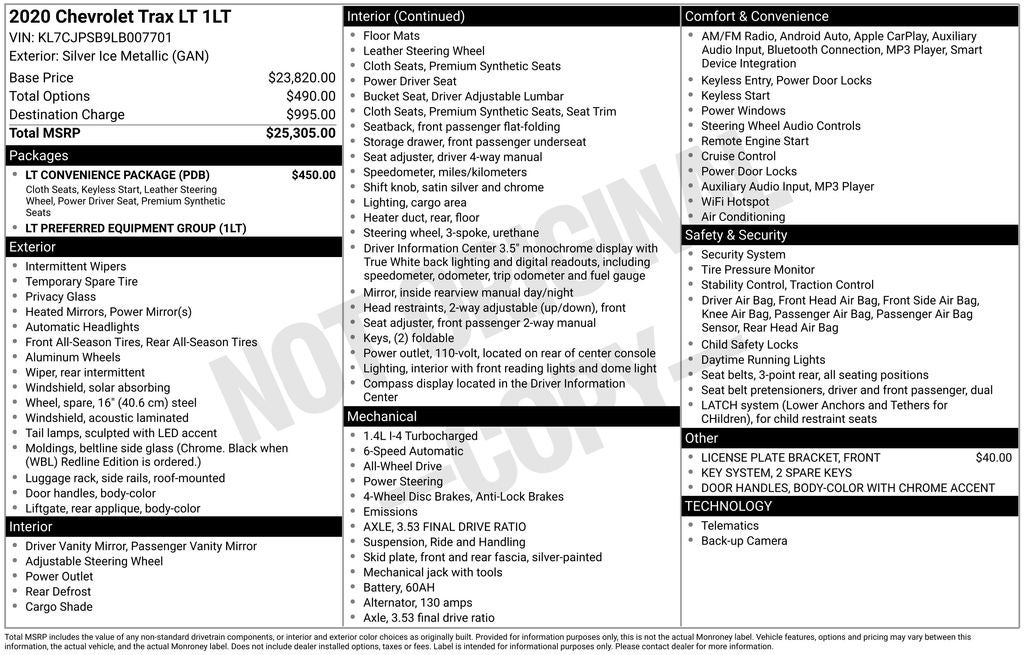 2020 Chevrolet Trax LT Exterior Parking Camera Rear