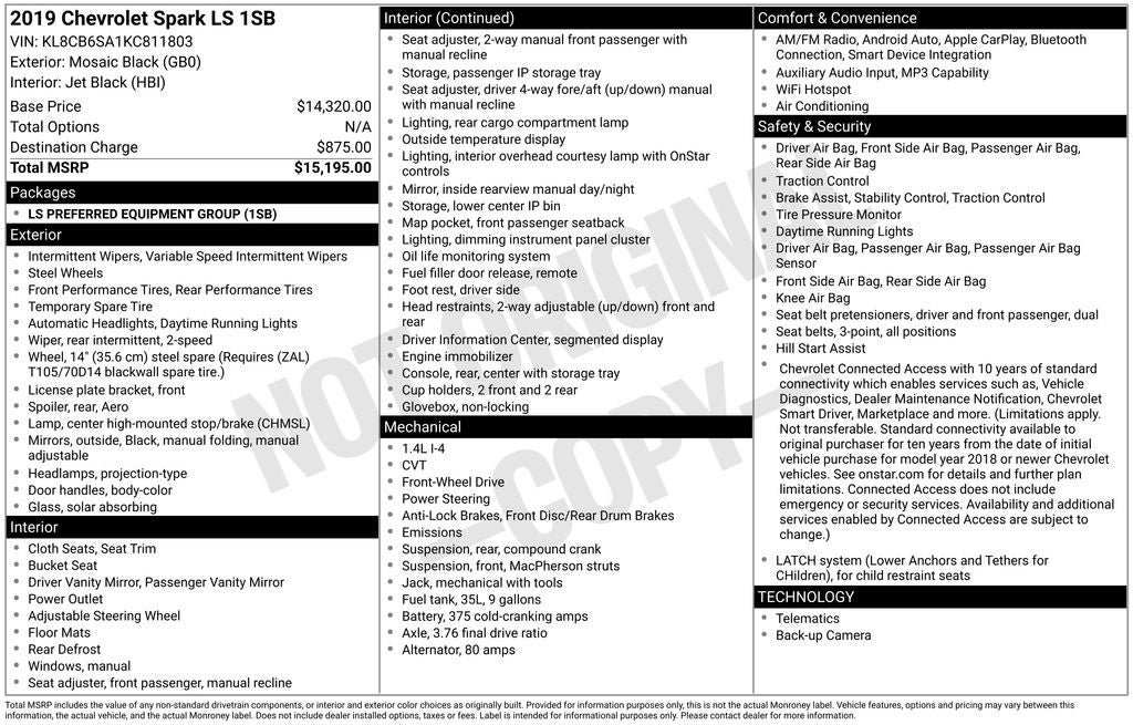2019 Chevrolet Spark LS Preferred Equipment Group 1SB