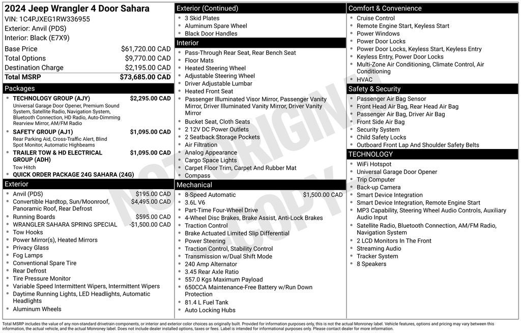 2024 Jeep Wrangler Sahara Hard Top Sky One Touch Power Moonroof Top Tech &