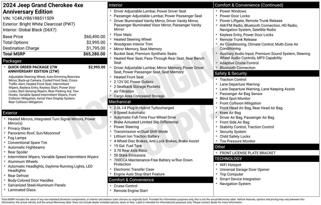 2024 Jeep Grand Cherokee 4xe Anniversary Edition Adapt Cruise Dual Pane Roof Na