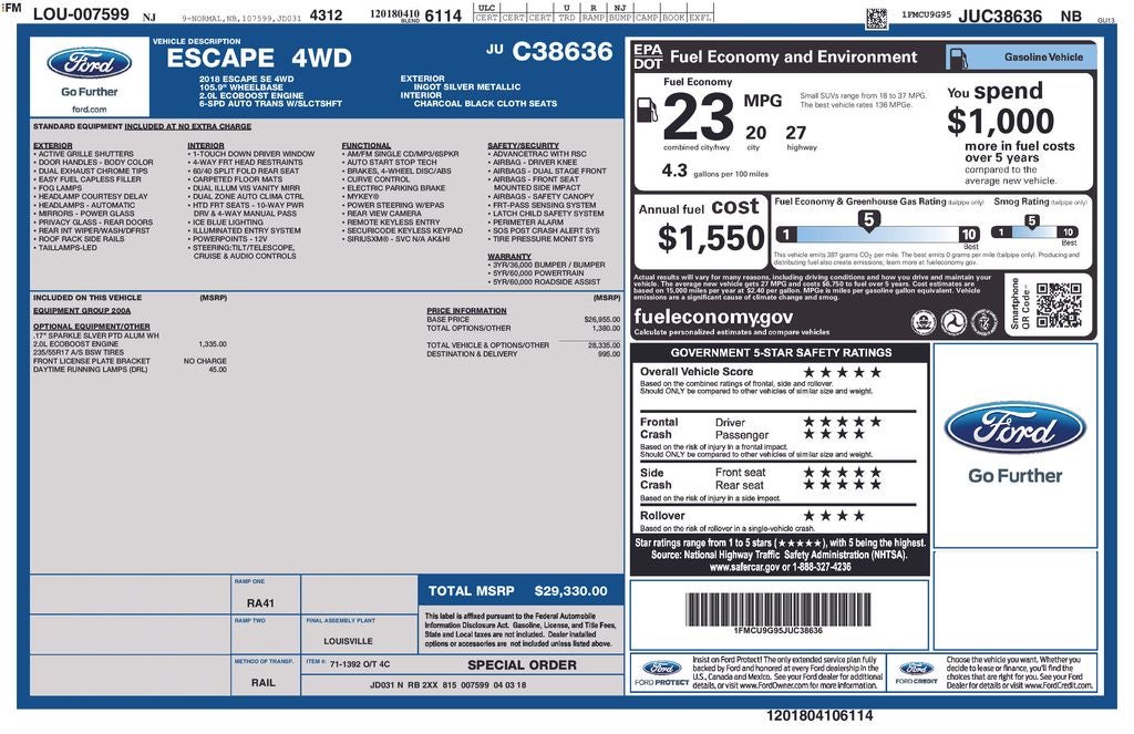 2018 Ford Escape SE 4x4 2.0 Liter Ecoboost Rear Camera Power Seat