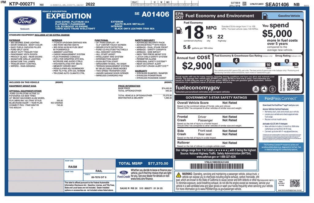 2025 Ford Expedition Platinum Panoramic Roof Heated Ventilated Memory Seats Co P