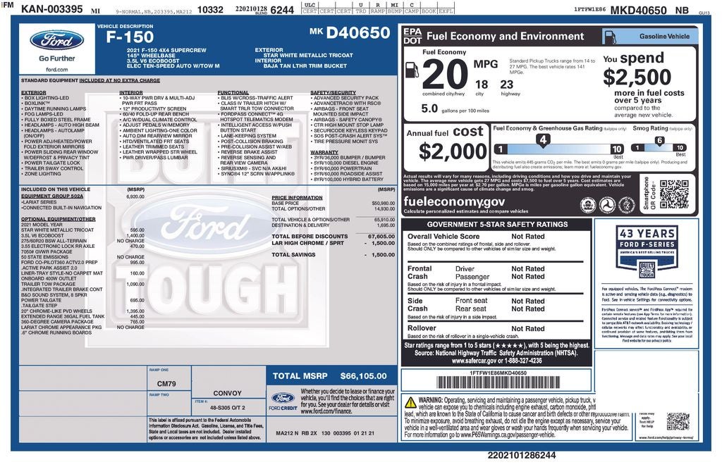 2021 Ford F-150 Lariat Crew Cab Navigation H&C Leather Chrome Pkg Tow
