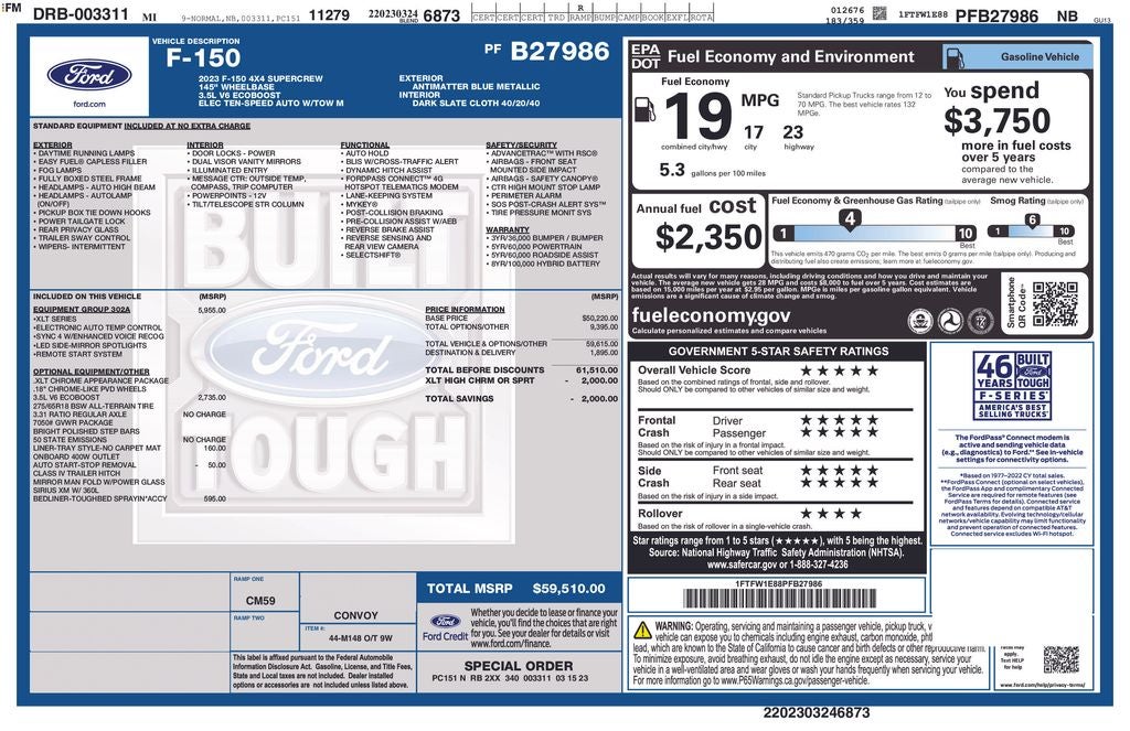 2023 Ford F-150 XLT Crew Cab 4x4 Rear Camera 3.5 Liter Ecoboost