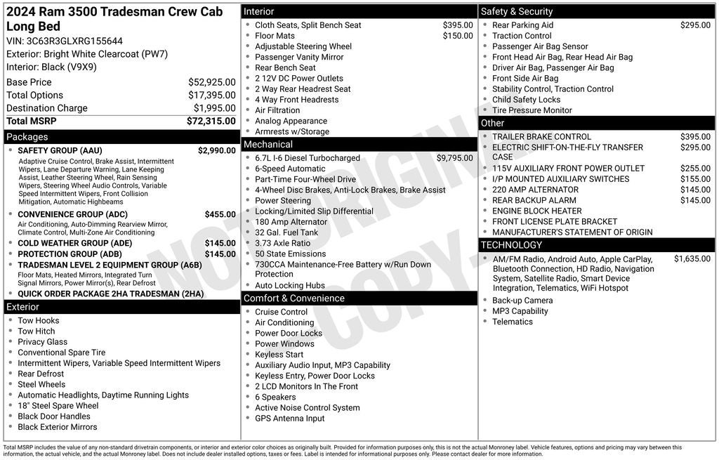 2024 RAM 3500 Tradesman CREW CAB 4X4 6.7 L TURBO DIESEL NAV REAR CAMERA P