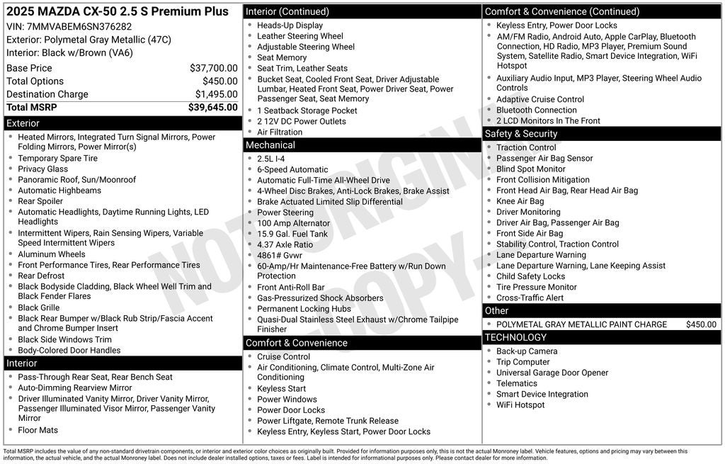 2025 Mazda Mazda CX-50 2.5 S Premium Plus Package AWD Leather Power Moonroof Rear Camera