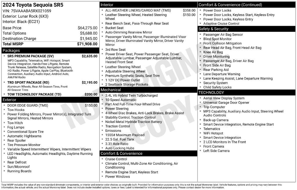 2024 Toyota Sequoia SR5 TRD Sport Pkg Tech Pkg Moonroof Tow Leather