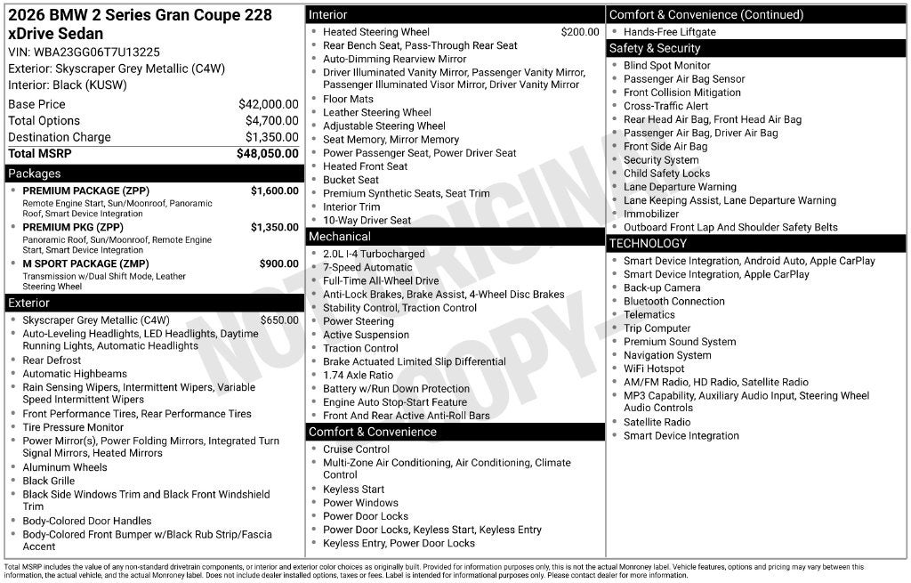 2026 BMW 2 Series 228 Gran Coupe AWD M Sport Pkg Premium Pkg Moonroof